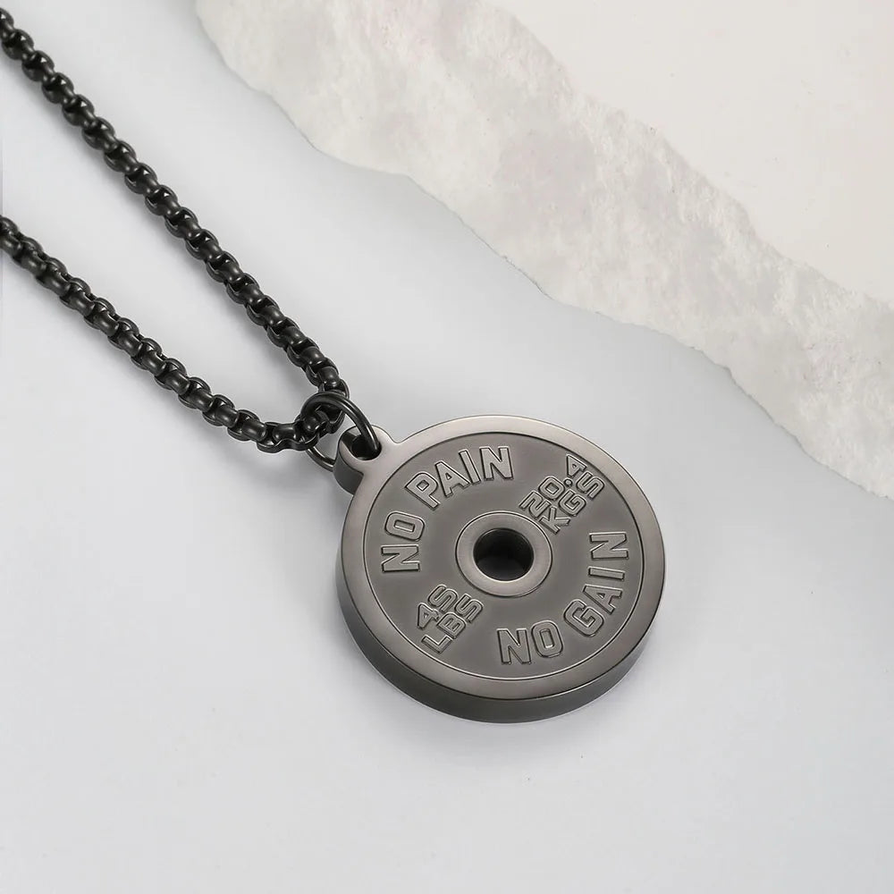 1PC  ING Fadeless Stainless Steel Round Dumbbell Pendant Necklace for Men NO PAIN NO GAIN Fitness Necklace Man Spiritual Jewelry