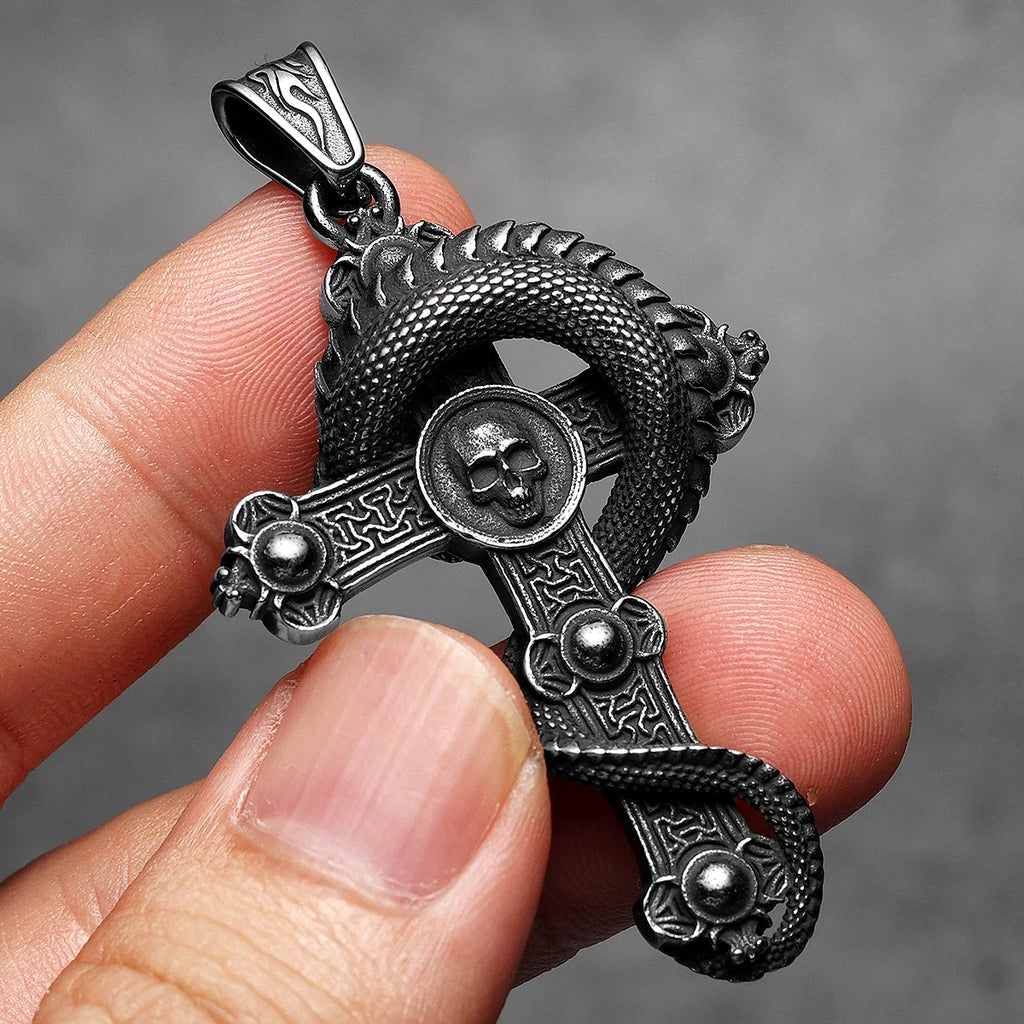 Skull Dragon Cross Pendant Necklace — Steel