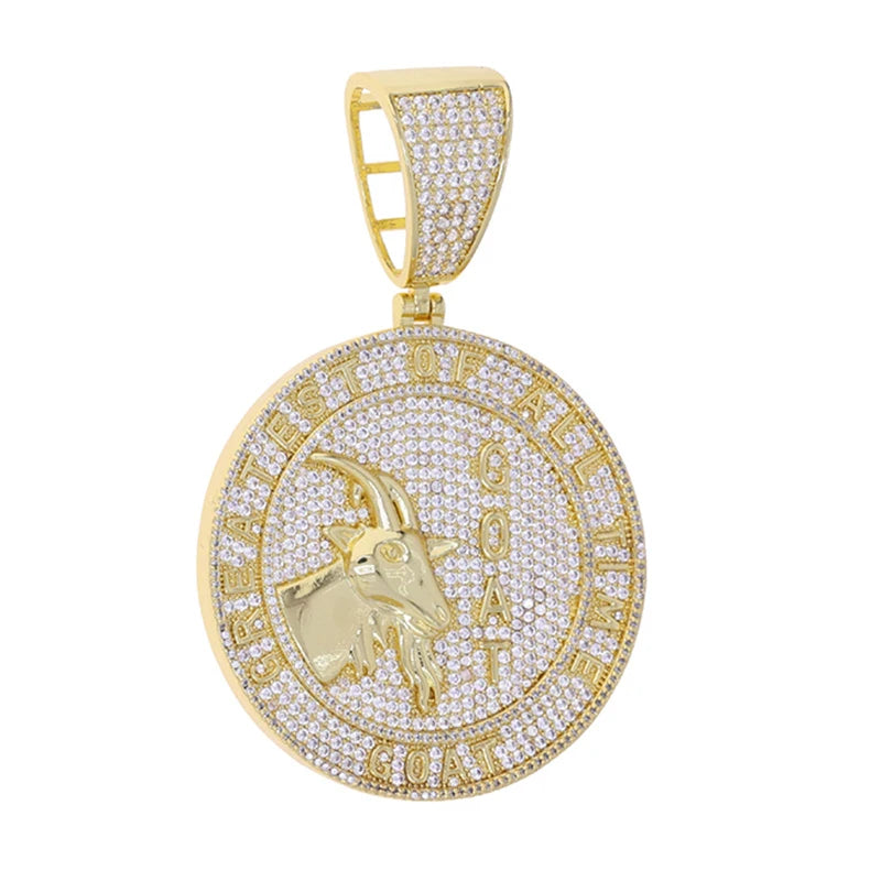 Hip Hop 5A+ CZ Stone Bling Ice Out Goat Round Pendants Necklace for Men Rapper Jewelry Gold Silver Color