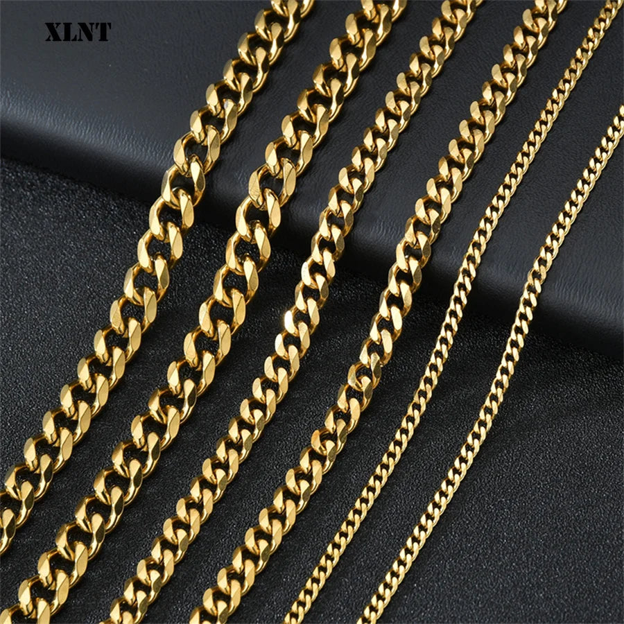 3/5/7/9/11mm Men's Silver Color Necklace Stainless Steel Cuban Link Chain for Mens Womens Basic Black Gold Tone Chokers