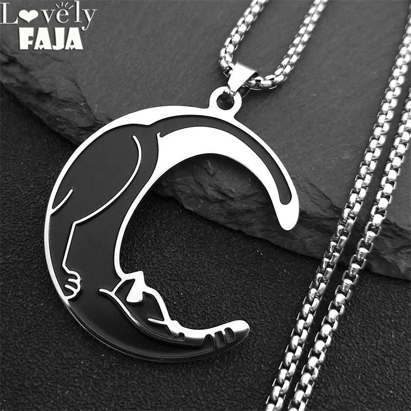 Moon Cat Black Enamel Necklace — Silver