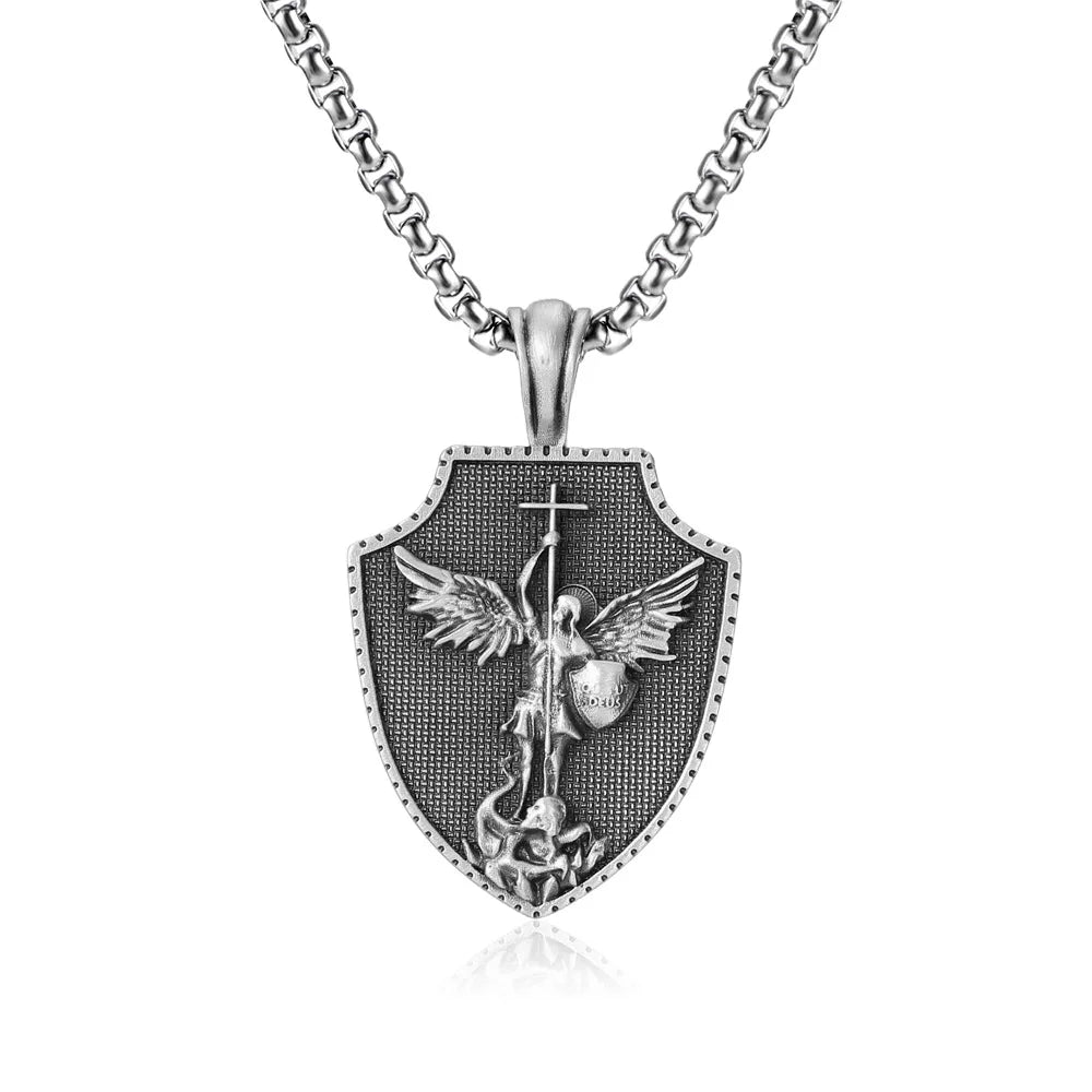 Stainless Steel Jesus Cross Charm Viking Necklace Men's Shield Dragon Slayer Amulet Pendant Saint Nicholas Juvenile