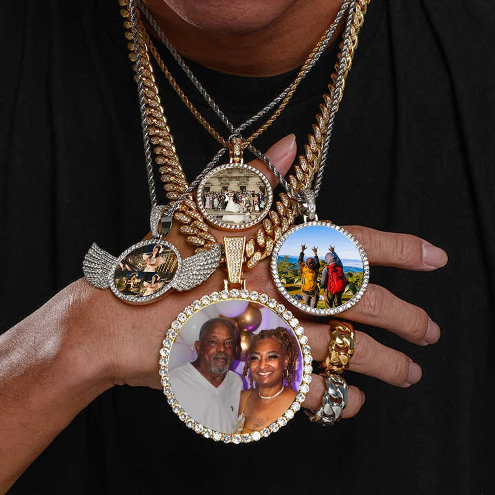 HHIOK Customized Necklaces Circle Chain Picture Personalized Diamond Memory Pendant with Photo Wing Design Gift for Men