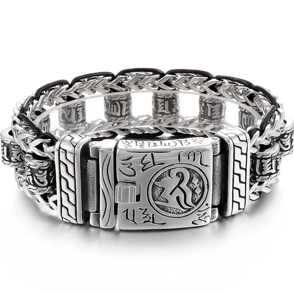 Religious Man Bracelet Stainless Steel 22MM Width Buddhist Scriptures Link Men's Bracelets Leather Wristband On Hand