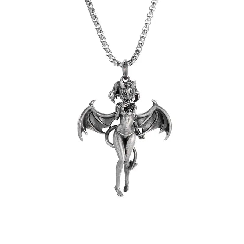 Gothic Punk Sexy Devil Bat Girl Goddess Pendant Necklace for Men and Women Hip Hop Trendy Halloween Cosplay Party