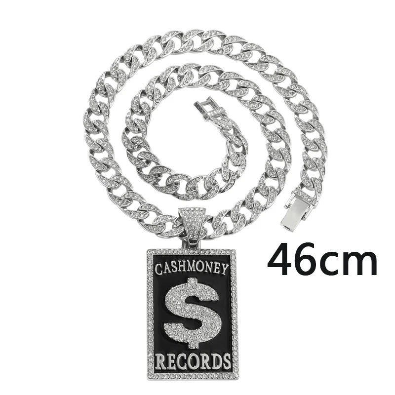 Goth Dollar Sign 'Cash Money Records' Iced out Pendant Necklace with Cuban Chain Hip Hop Jewelry for Street Style Rapper Gift