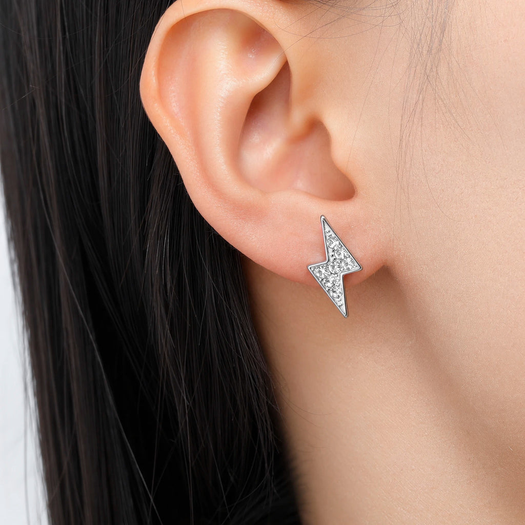 Iced Out Lightning Bolt Stud Earrings — Stainless Steel