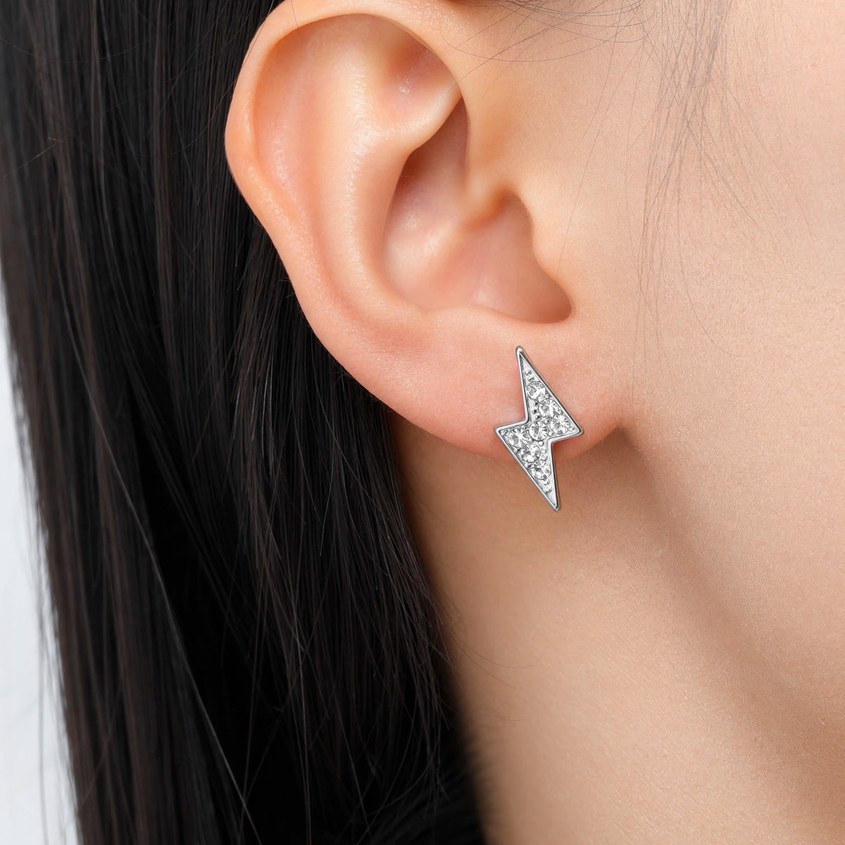 Iced Out Lightning Bolt Stud Earrings — Stainless Steel