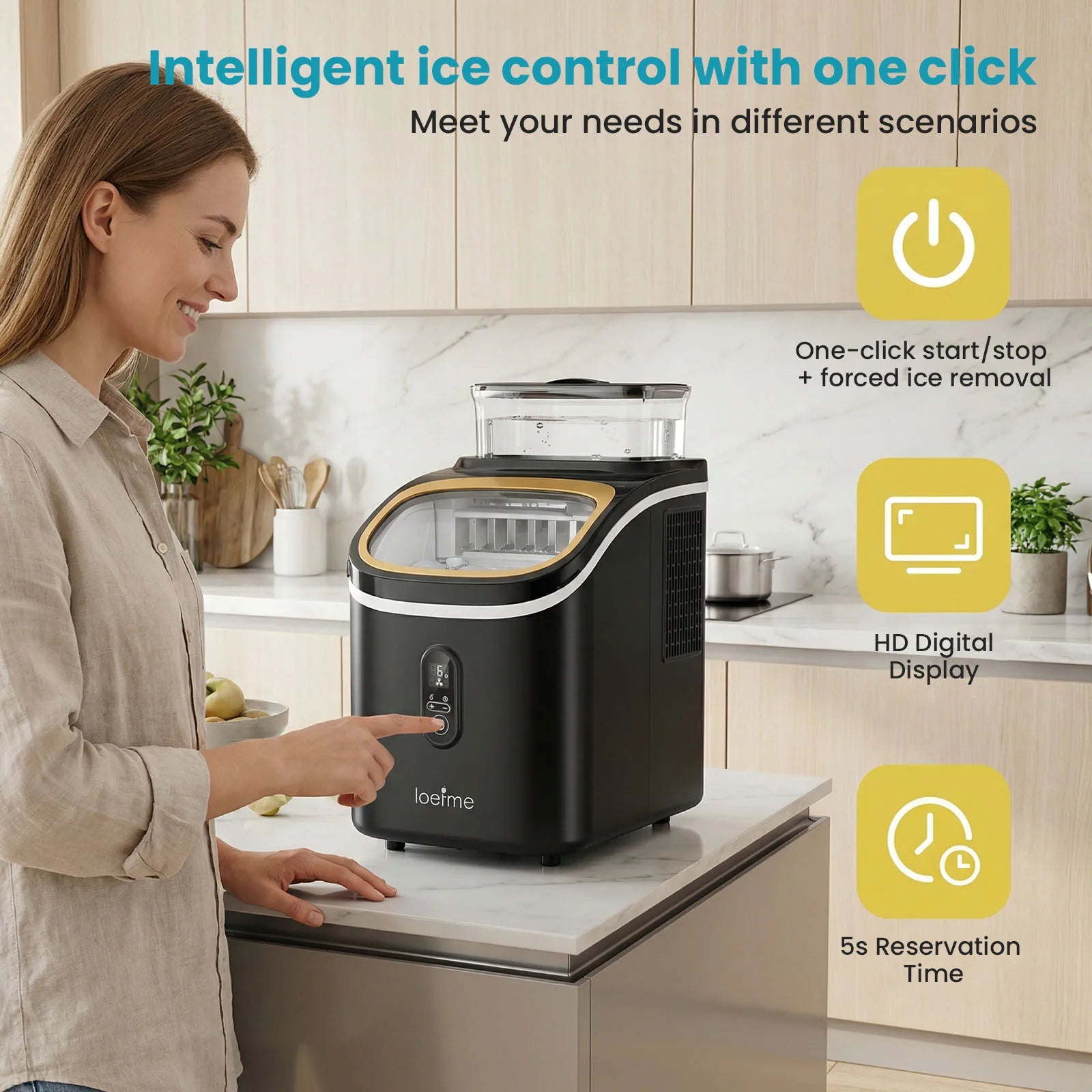LOEFME Portable Ice Maker Machine 15kg/24h 6-13 Mins Quick Ice 16pcs Ice Cubes Countertop Ice Machine for Home Kitchen