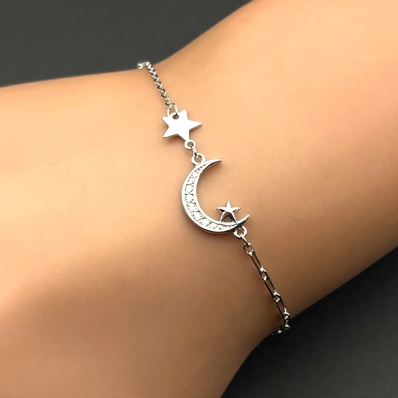 Star Silver Bracelet Zircon Sterling Crescent