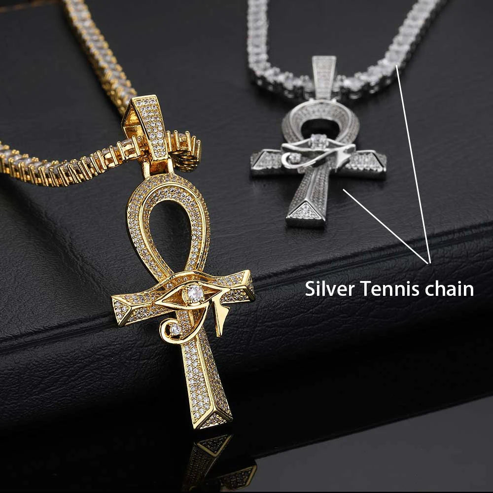 Gold Cross Ankh Pendant Necklace Iced Out 18K