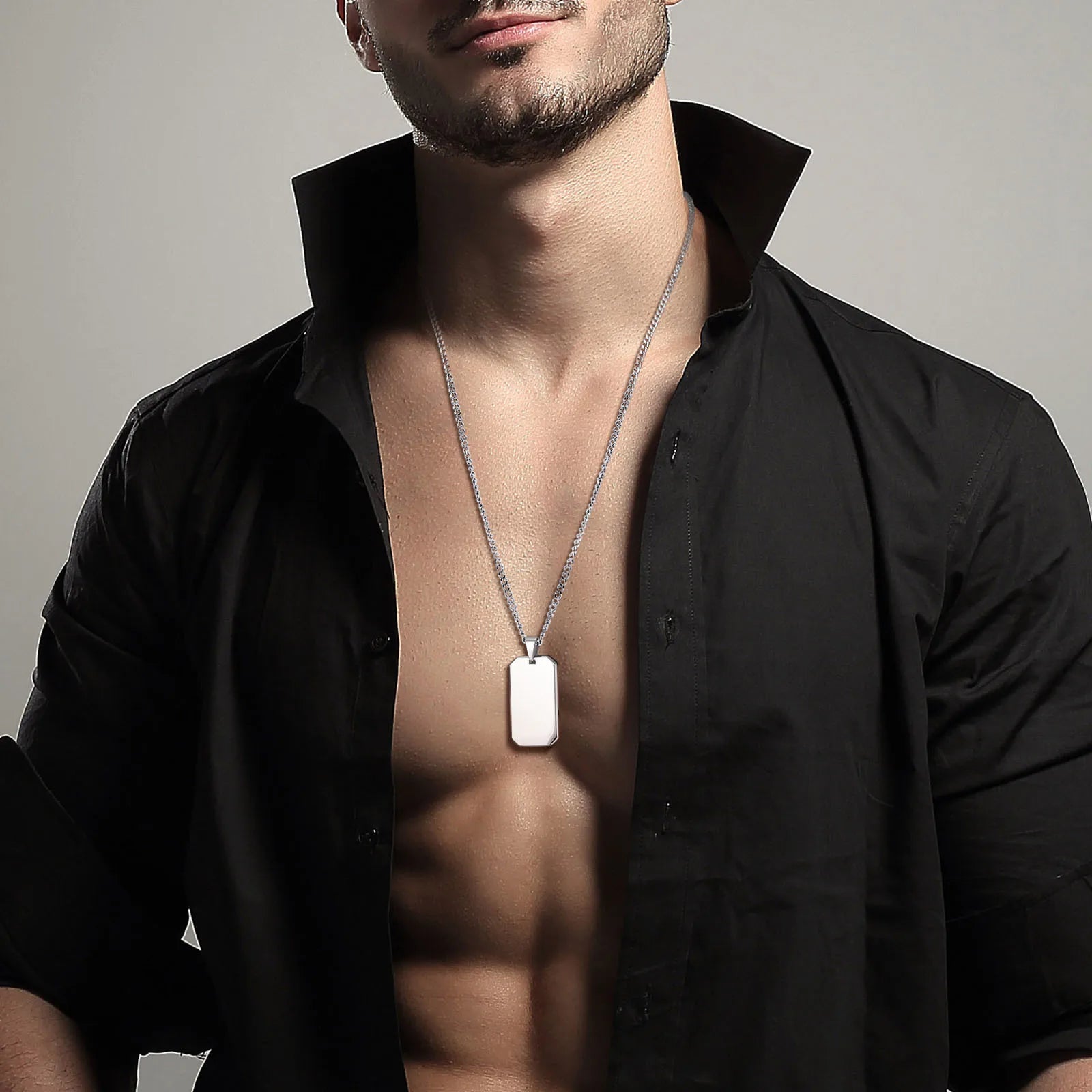 Vnox Men Dogtag Necklaces, Geometric Rectangle Pendant with Cuban Chain, Black Silver Color Stainless Steel Casual Neck