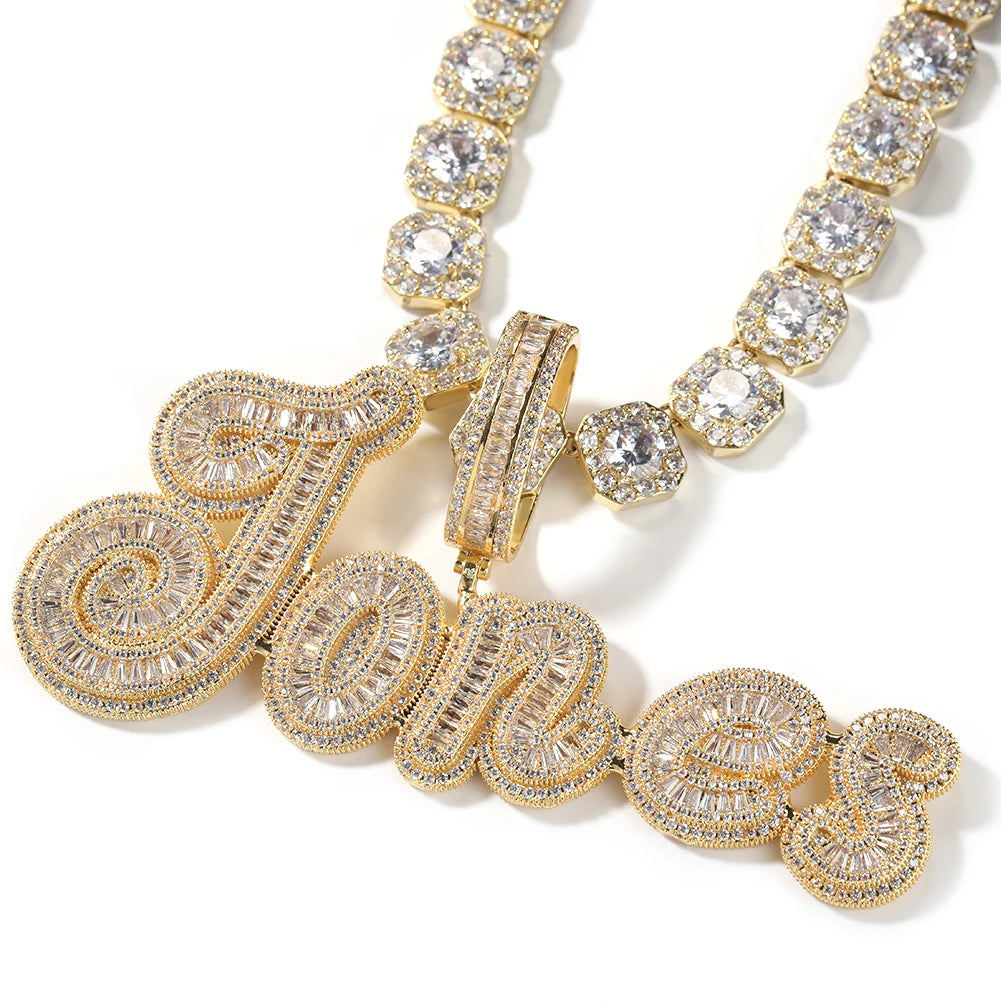 TBTK Custom Baguettecz Cursive Letter Name Pendant Iced Out Cubic Zirconia Personalized Chain Necklace Hiphop Jewelry