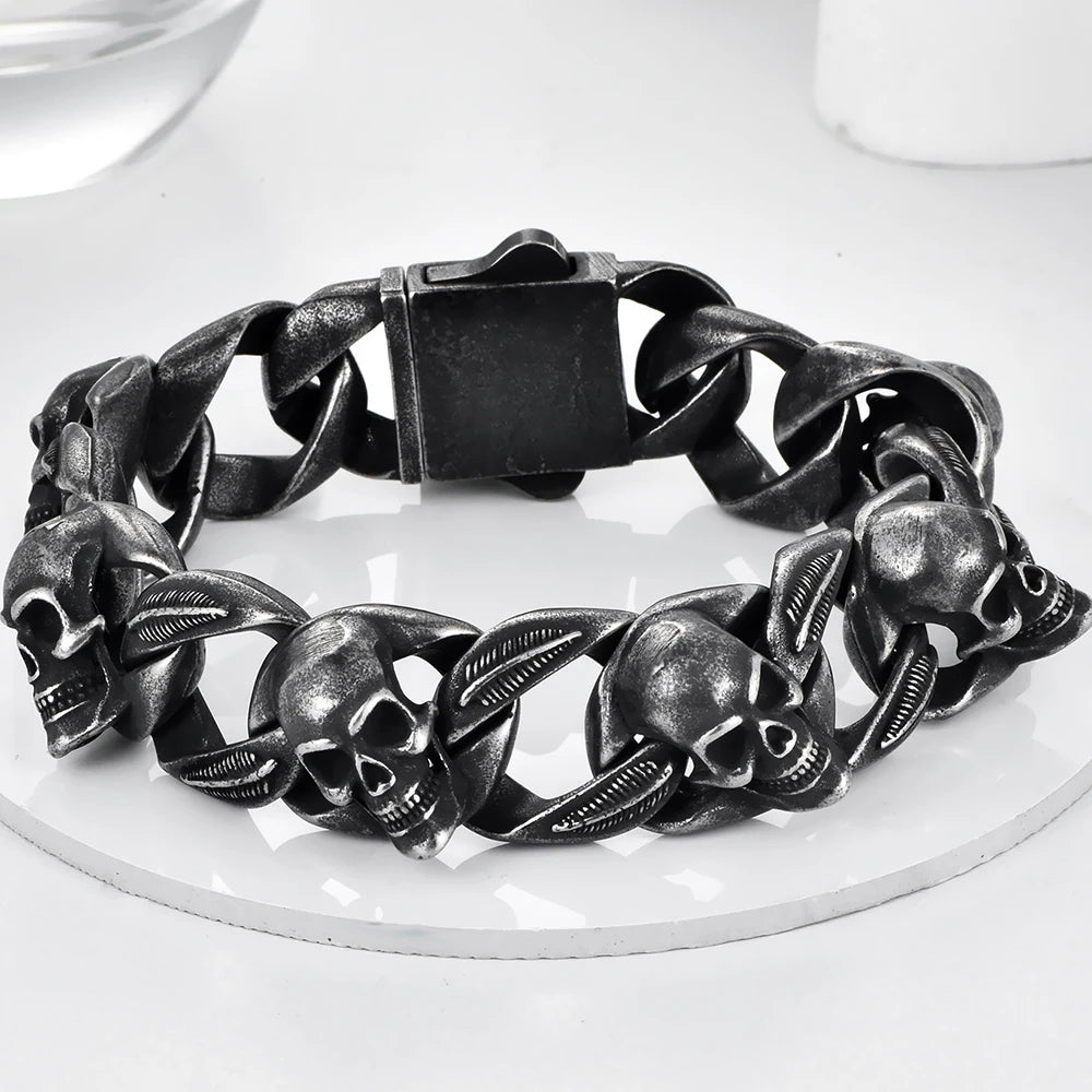 Punk Goth Matte Black Man Men's Bracelets Of Skull Head Cuban Link Chain Stainless Steel Skeleton Jewelry Boys Male