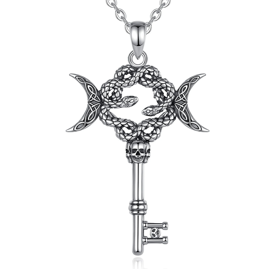 AEONSLOVE Silver Hecate Snake Key Necklace Triple Moon Goddess Pendant Witch Amulet Spiritual Jewelry for Women