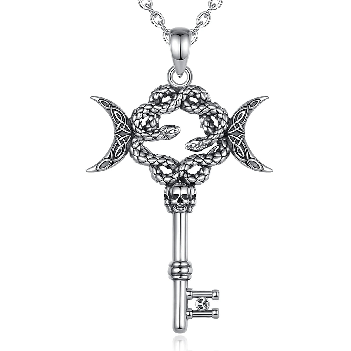 AEONSLOVE Silver Hecate Snake Key Necklace Triple Moon Goddess Pendant Witch Amulet Spiritual Jewelry for Women