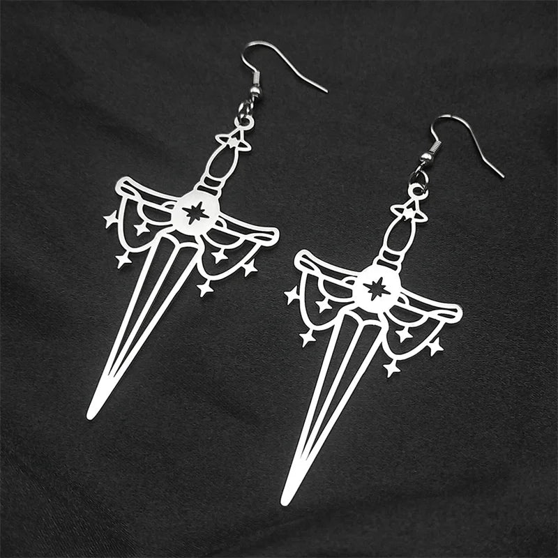 Cross Jesus Silver Earrings Goth Sword Star Hoop