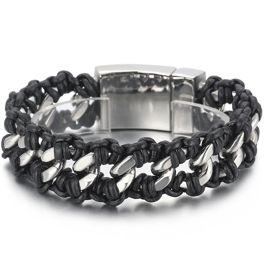 Men's 22MM Polished Stainless Steel Cuban Chain Bracelet for Men Braided Leather Wrap Bracelet Wristband Male Jewelry