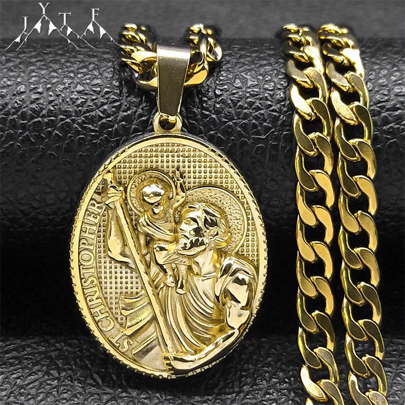 ST.Christopher Protect Us Medal Men's Necklace Saint Christopher Stainless Steel Gold Plated Religious Necklaces