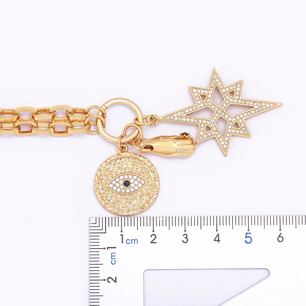 Nidin Hot Sale New Fashion Geometric Paperclip Link Chain Evil Eye Palm Shape Pendant Necklace For Women Men Jewelry