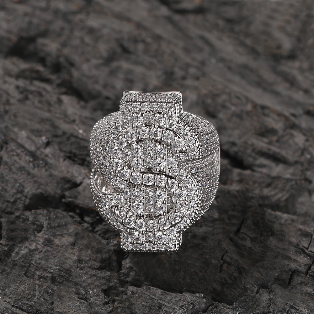THE BLING KING Icy Dollar Sign Ring For Men Full Micro Paved 5A+ Cubic Zirconia Money Charm Punk Rock Finger Accessories Rapper