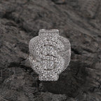 THE BLING KING Icy Dollar Sign Ring For Men Full Micro Paved 5A+ Cubic Zirconia Money Charm Punk Rock Finger Accessories Rapper