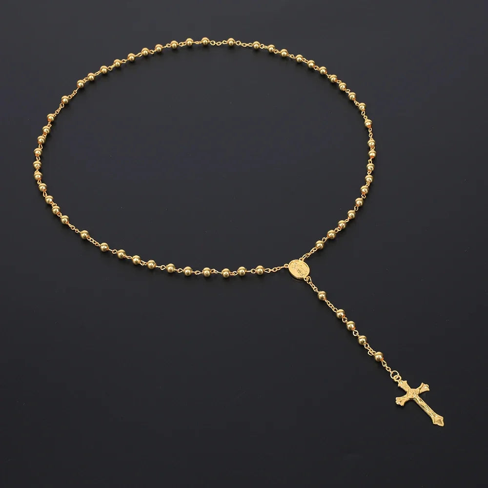 6MM Rosary Necklaces For Women Men Long Gold Silver Color Chain Crucifix Cross Pendant Necklace Religious Prayer