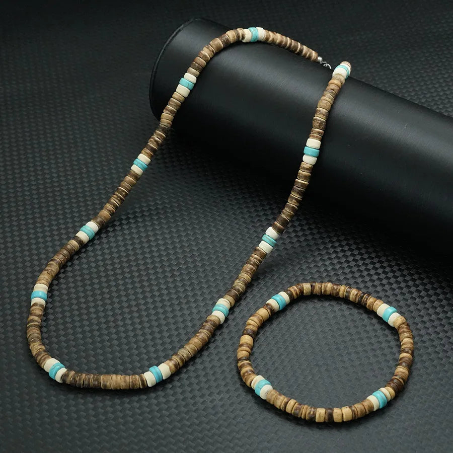 Coconut Wood Necklace Bracelet Set — Stainless Steel