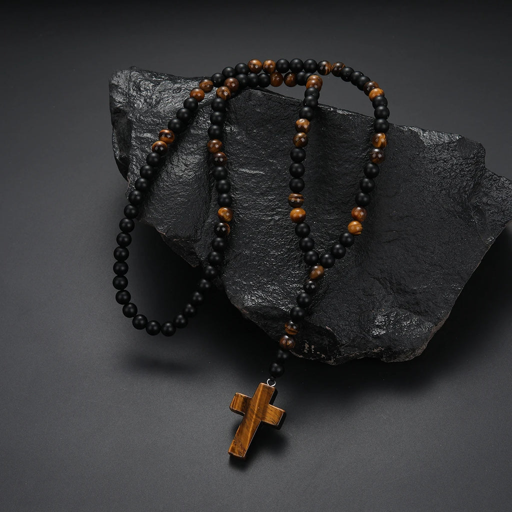 Cool Fashion Matte Black Round Beads Tiger Eye Stone Pendant Necklace for Men and Women