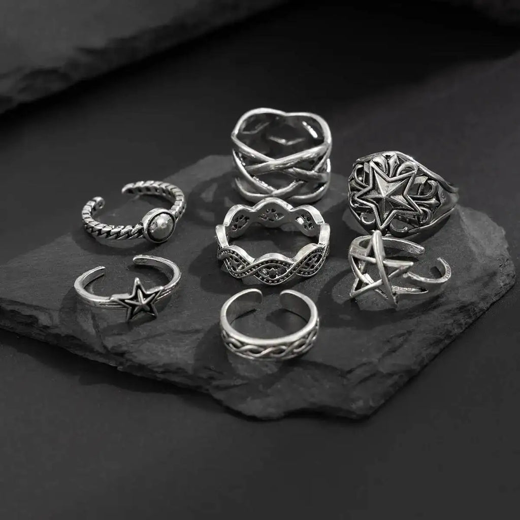 KunJoe 7 Pcs/Set Hip Hop Irregular Star Open Rings for Men New Punk Geometric Pentagram Adjustable Ring Male Jewelry