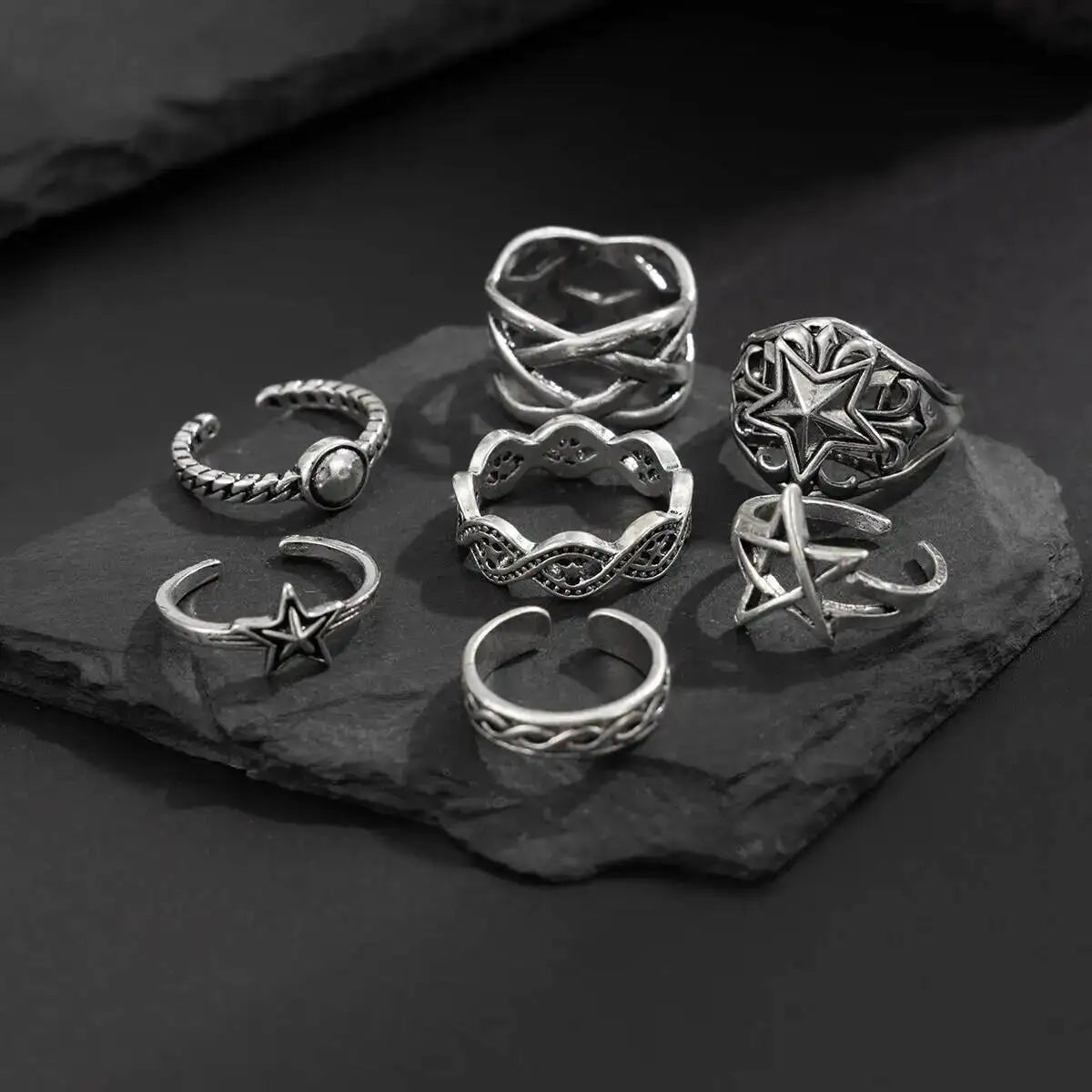 KunJoe 7 Pcs/Set Hip Hop Irregular Star Open Rings for Men New Punk Geometric Pentagram Adjustable Ring Male Jewelry
