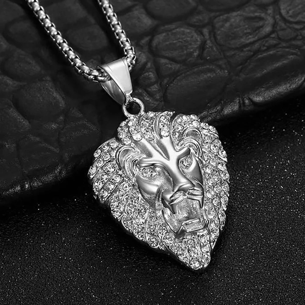 Men's Rock Hip Hop Lion Head Necklace Fashion Creative Stainless Steel Animal Pendant Party Club Charm Jewelry Gifts
