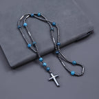 Fashion Black Hematite Beads with Blue Natural Stone Cross Pendant Necklace for Men and Womern Sweater Chain