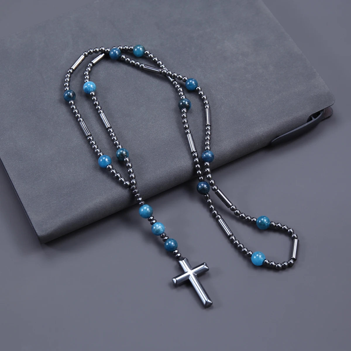 Fashion Black Hematite Beads with Blue Natural Stone Cross Pendant Necklace for Men and Womern Sweater Chain