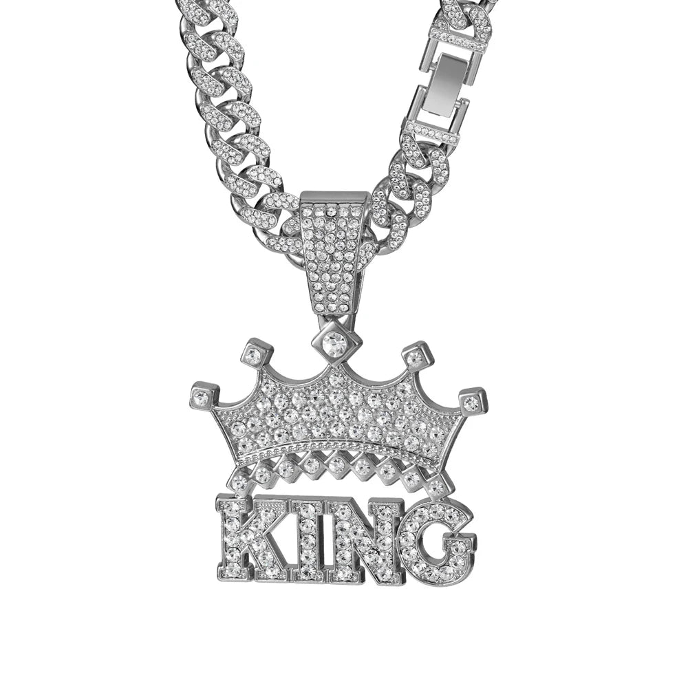 Men Hip Hop Crown with King Pendant Necklace with 13mm Crystal Cuban Chain HipHop Iced Out Bling Necklaces Fashion
