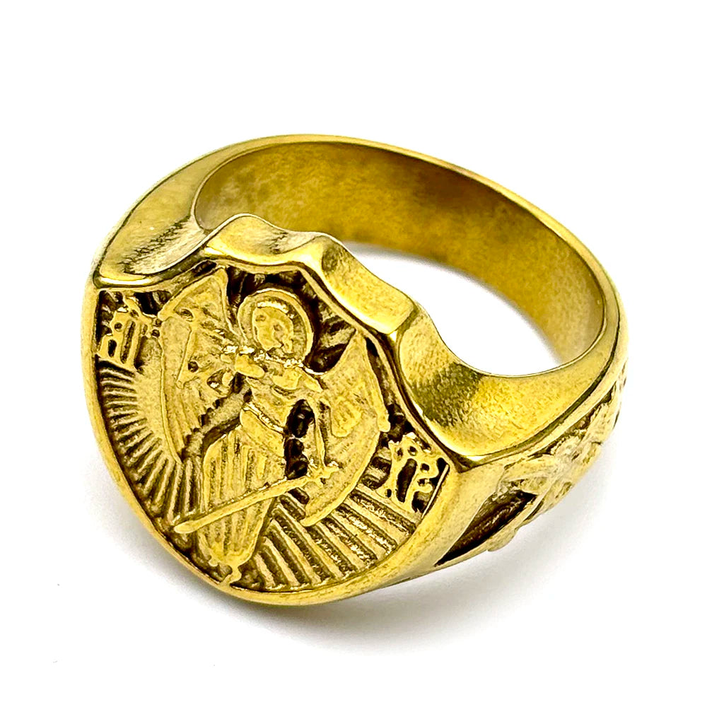 Vintage Catholic Saint Michael Protection Rings for Men Stainless Steel Archangel Boyfriend Jewelry Gifts RRR459S05