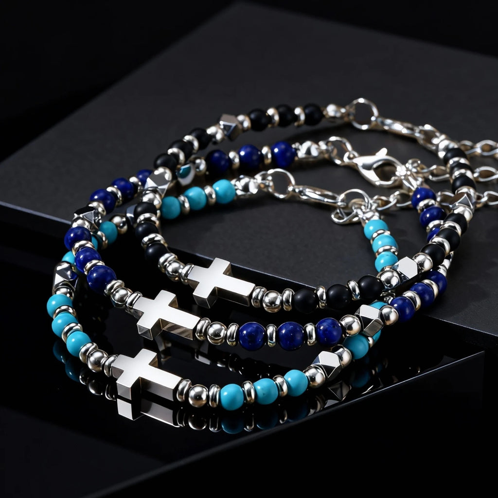 Vintage Classic Stainless Steel Cross Adjustable Bracelet for Men, Black Onyx Natural Stone Beads Chain Wristband,Trendy Jewelry