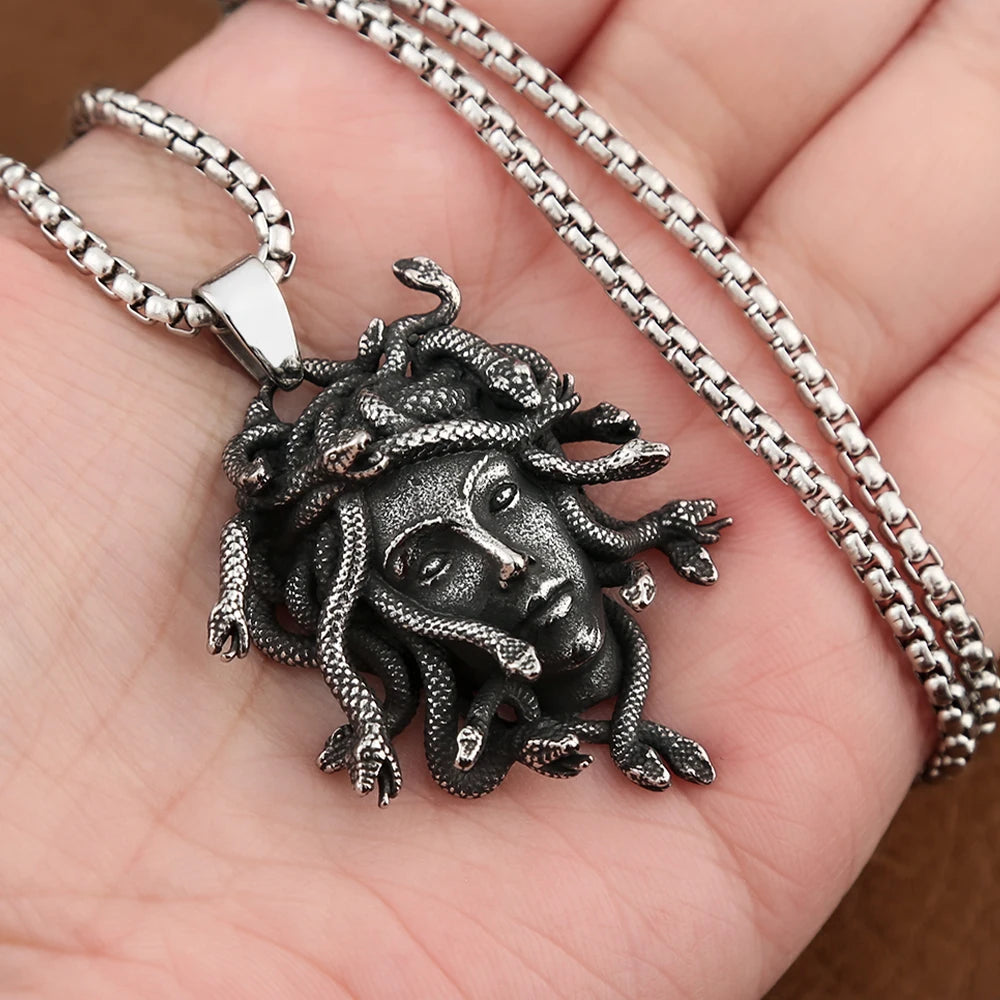 Gothic Unique Medusa Necklace for Men Women Punk Vintage Stainless Steel Snake Pendant Fashion Amulet Jewelry Gifts