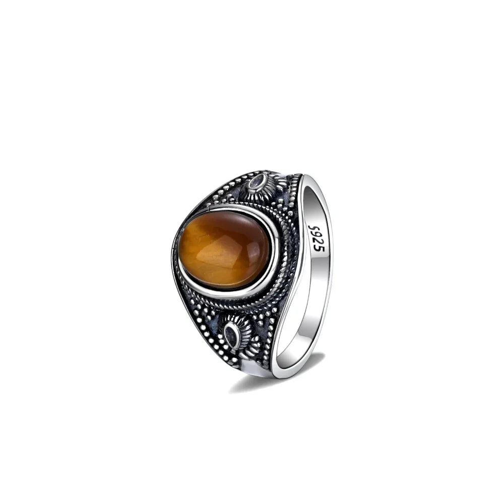Silver Vintage Ring Oval 8x10MM Natural Tiger's Eye Stone Ring for Men Women Gift Luxury Rhodochrosite Jewelry