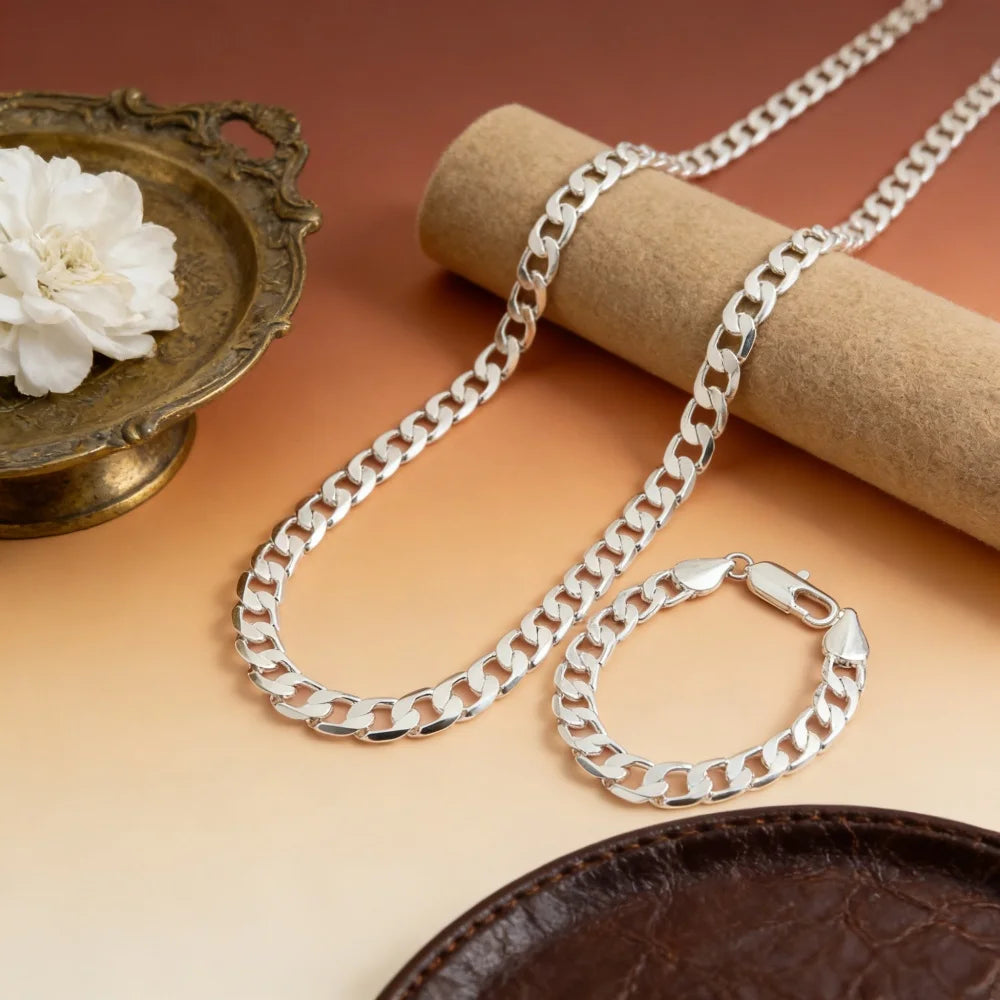 Side Chain Bracelet Necklace Set 12mm — Silver-Tone