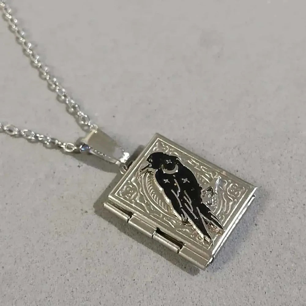 Trendy Exquisite Carving Moon Black Crow Photo Box Pendant Necklace for Men Women Hallowmas Goth Vampire Stainless Steel Jewelry