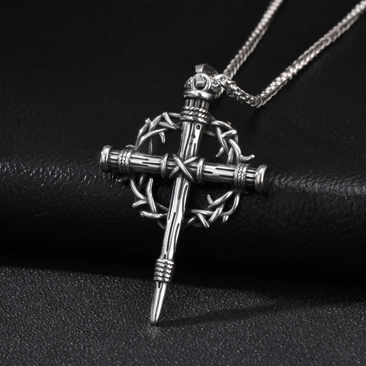 Thorn Crown Crucifix Necklace Franco Chain — Stainless Steel