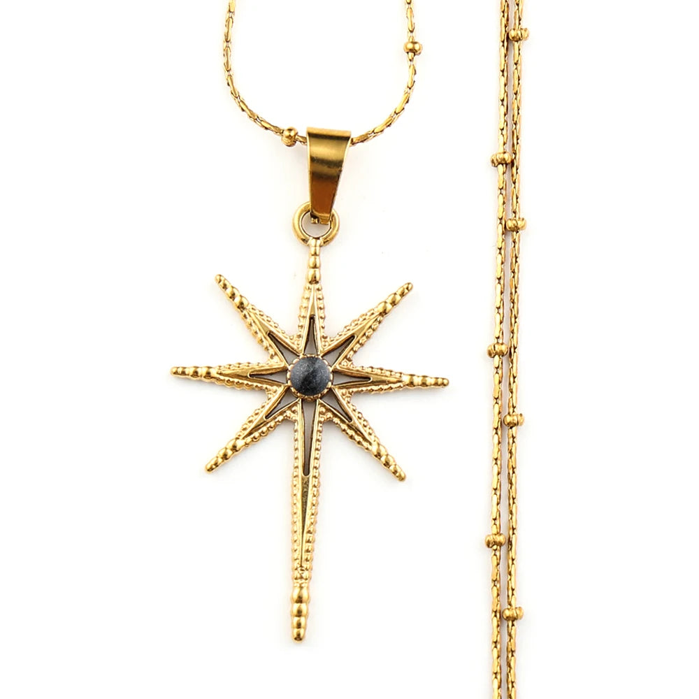 Star of Ishtar Octagram Stone Pendant Necklace — Stainless Steel