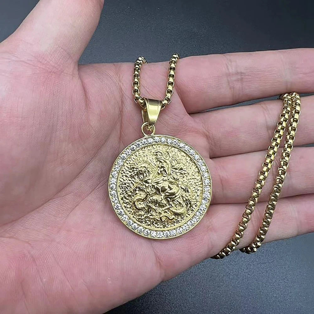 Saint George Slaying Dragon Pendant Necklace — Stainless Steel
