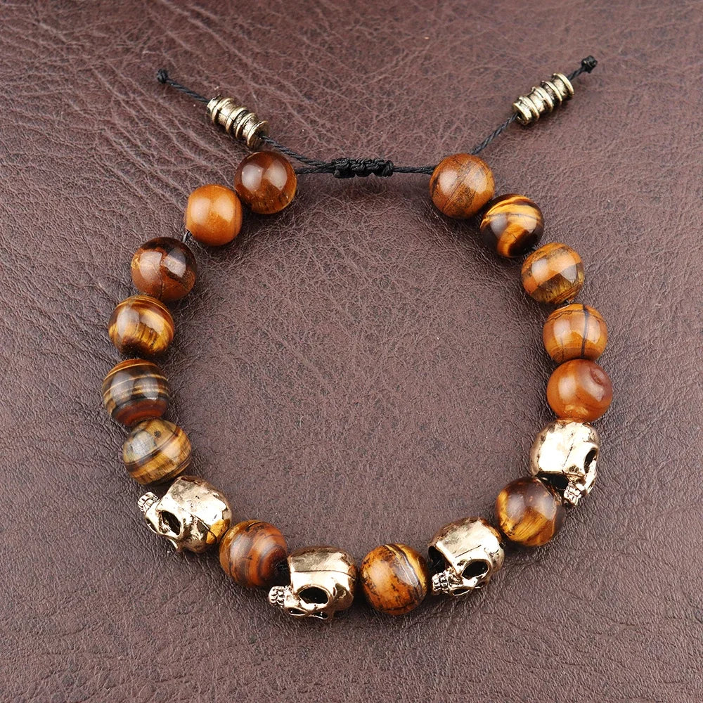 Trendy Agate Skull Bracelet Men's Vintage Adjustable Tiger's eye Bracelets Male Punk Hip Hop Charm Jewelry