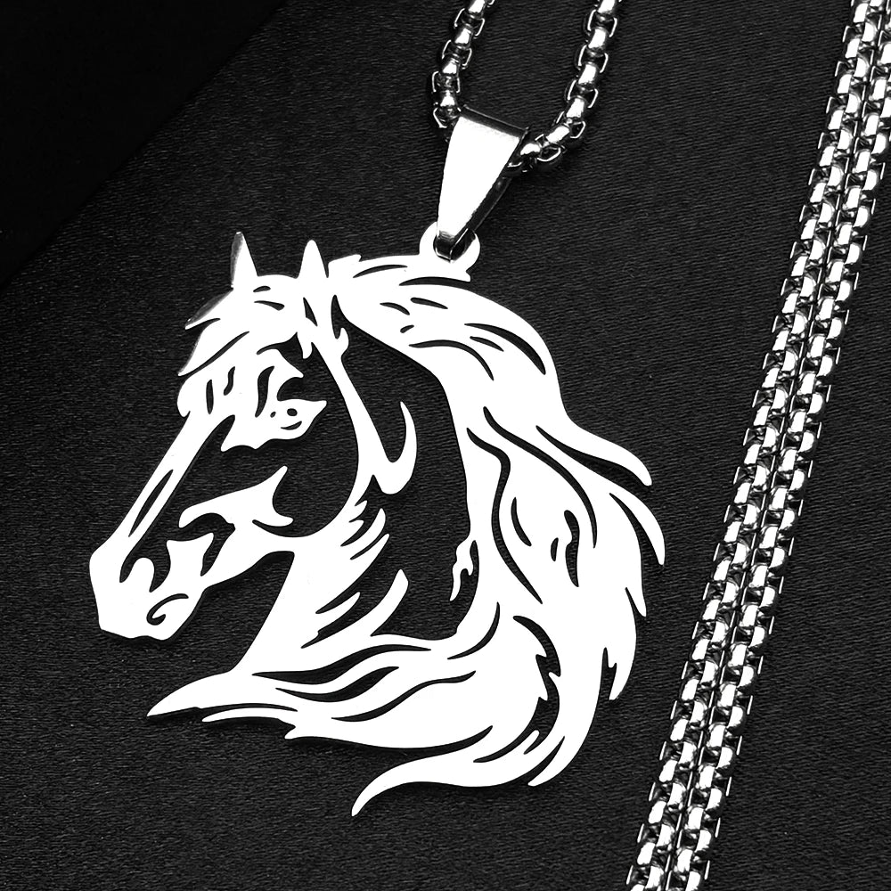 Classic Horse Head Male Chain For Women Men Stainless Steel Silver Color Hiphop Animal Pony West Cowboy Pendant