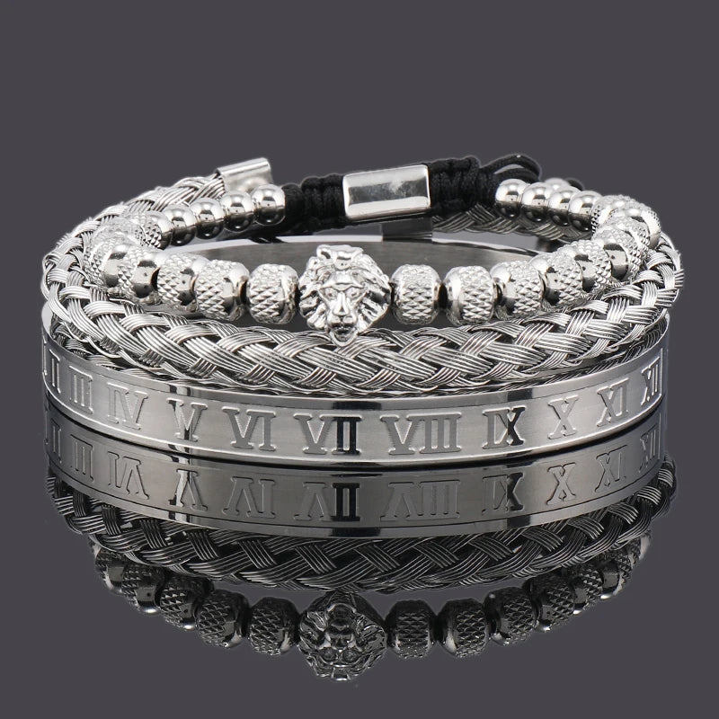Lion Head Beaded Bangle Bracelet Set — Stainless Steel