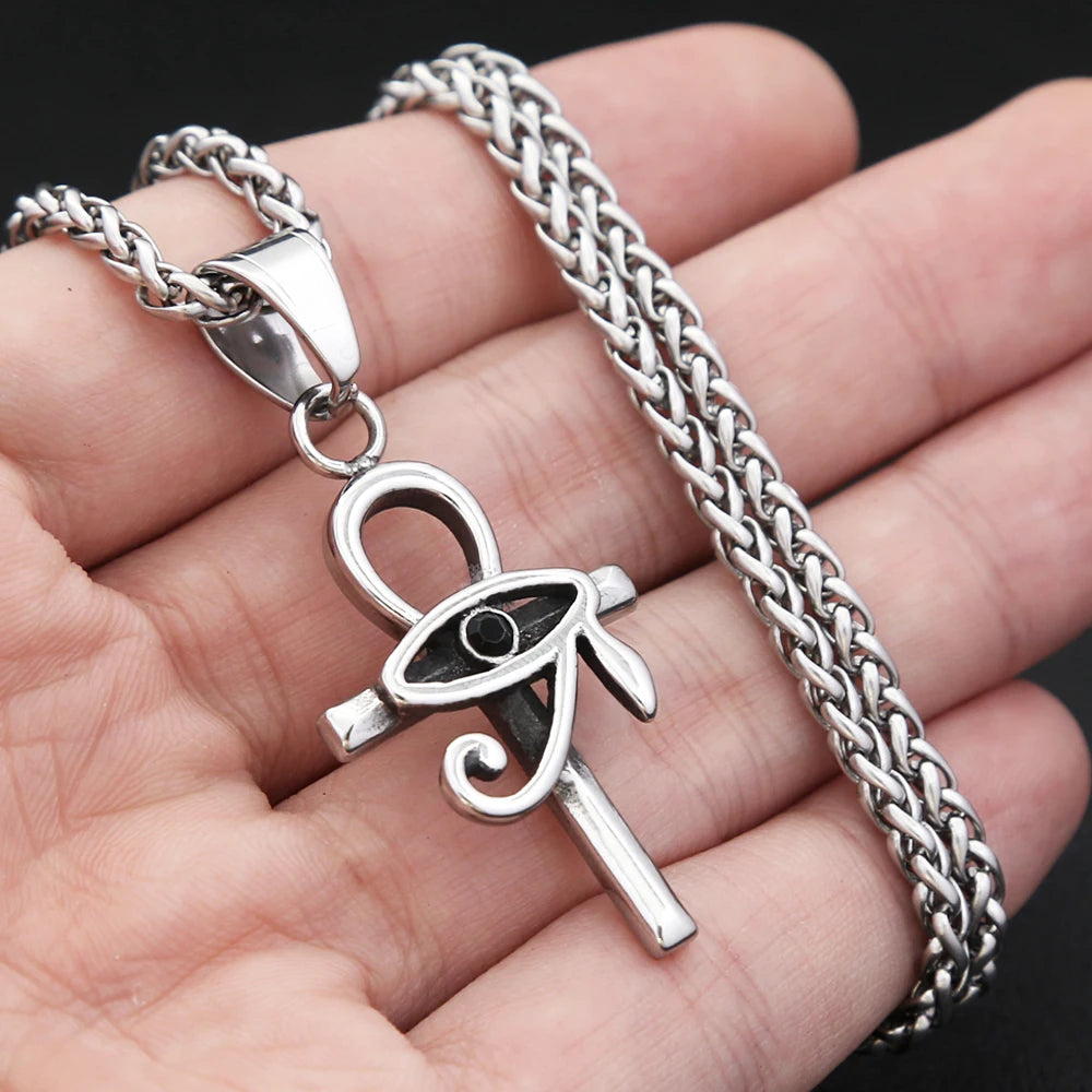 Vintage Stainless Steel Eye of Horus Pendant Necklace Fashion Punk Ankh Cross Necklaces For Men Women Amulet Jewelry