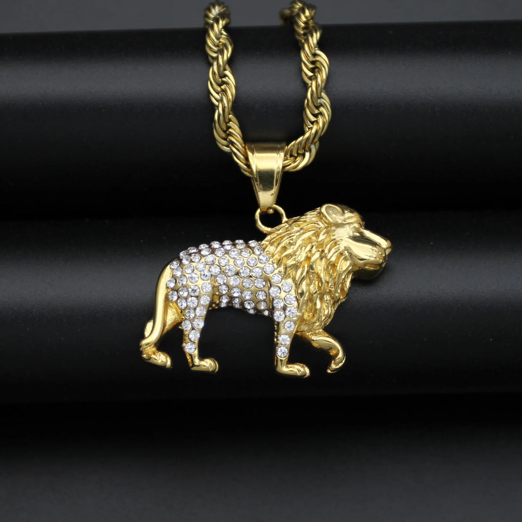 Iced Out Lion Pendant Necklace — Rhinestone, Gold & Silver, 70cm