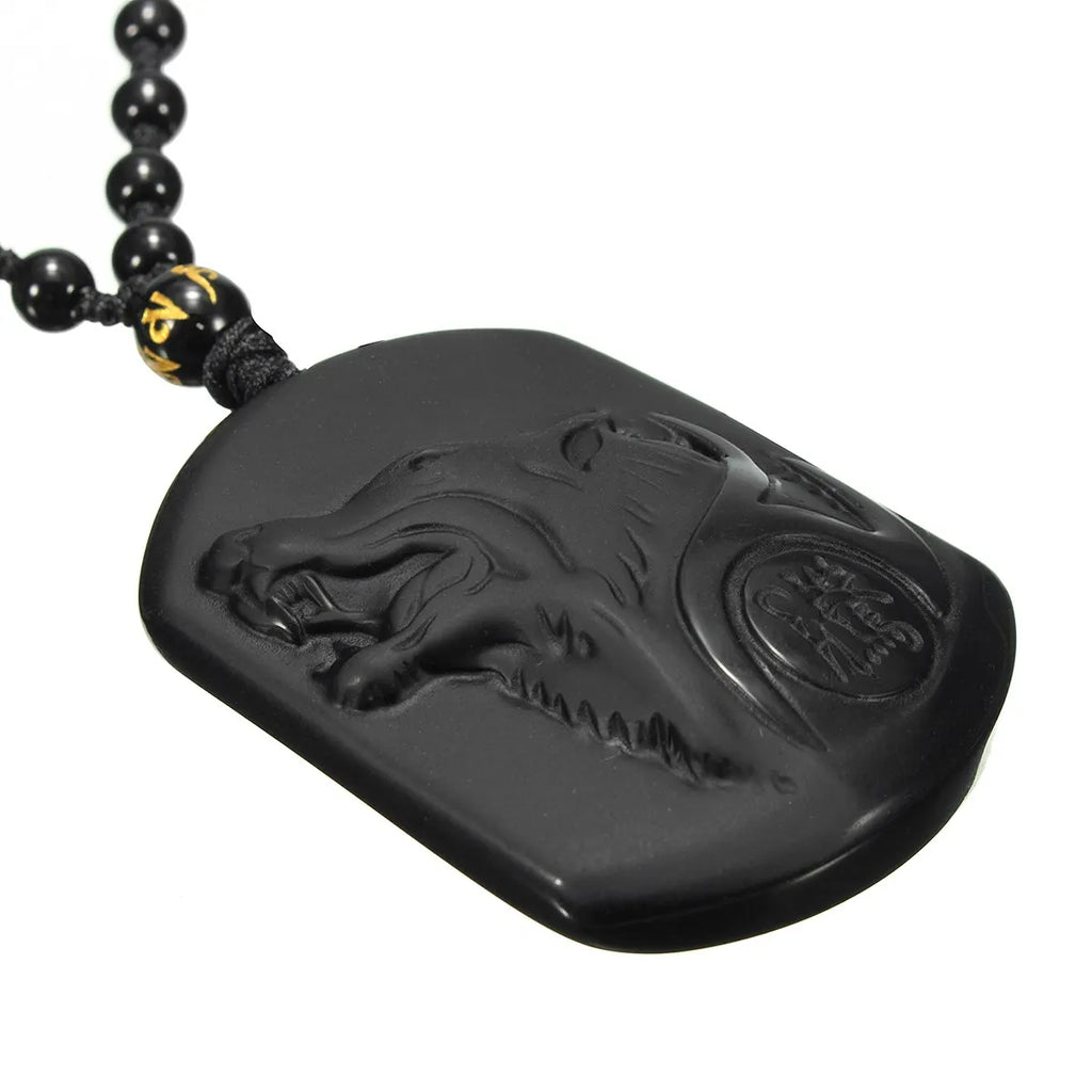 Obsidian Wolf Black Pendant Necklace